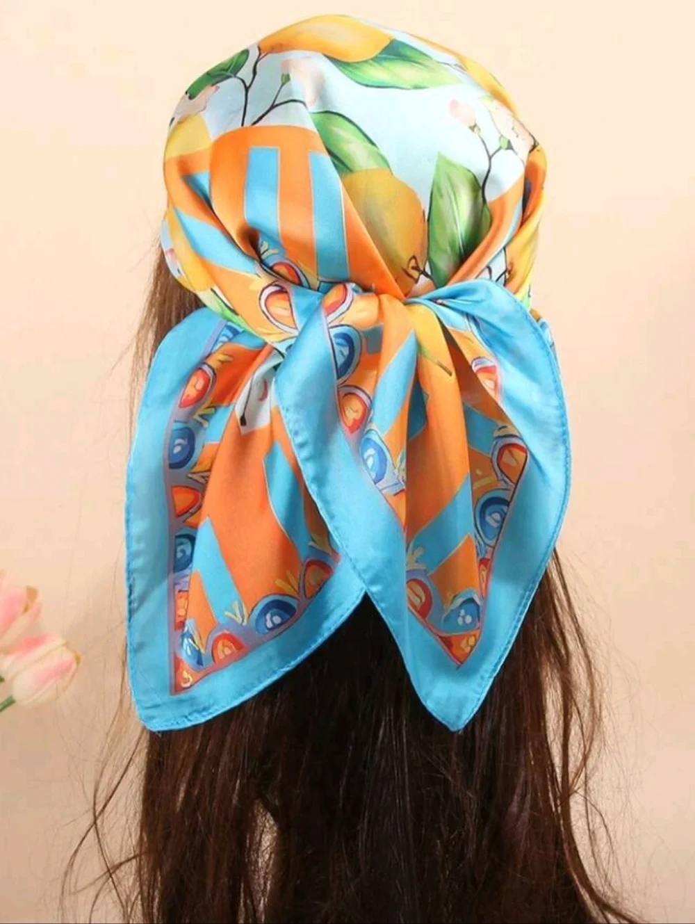 Lemon Print Satin Scarf in Bright Blue & Orange Summer Beach Festival Vacation